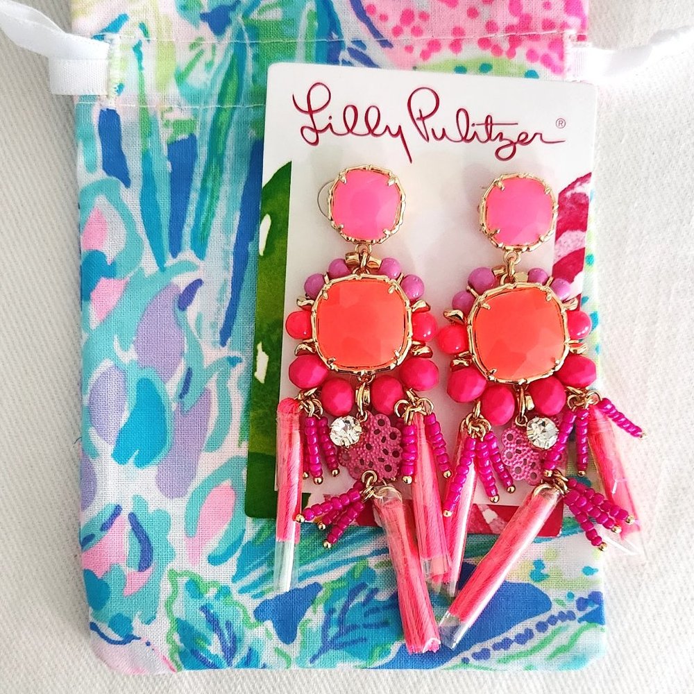 Lilly Pulitzer NEW Signature Long Earrings, Pink & Orange Chandelier Earrings